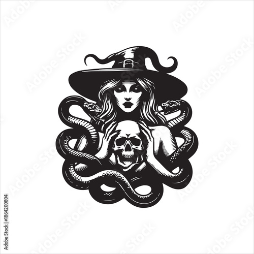 A black and white vector illustration of a woman wearing a witch hat surrounded by snakes and holding a skull on a plain background.