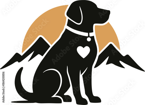 Illustration of a Dog Sitting in Style, Black Color with Mountains and Sun