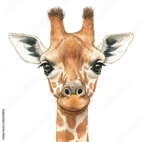 Giraffe Looking Curiously, clipart watercolor vector with vivid accents and harmonious tones, isolated on a white background.