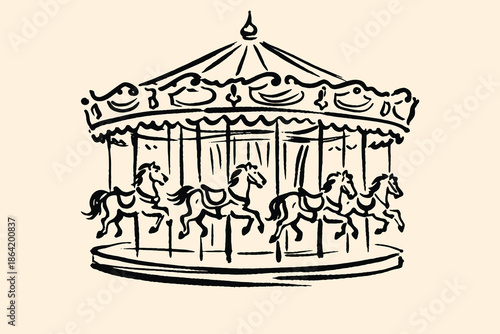 Carousel Ride With Horses Ink Sketch Vector Illustration