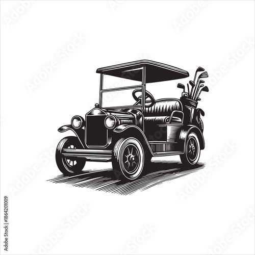 A vintage golf cart with a golf bag and clubs, depicted in a vector illustration with a classic design, against a clean white background.