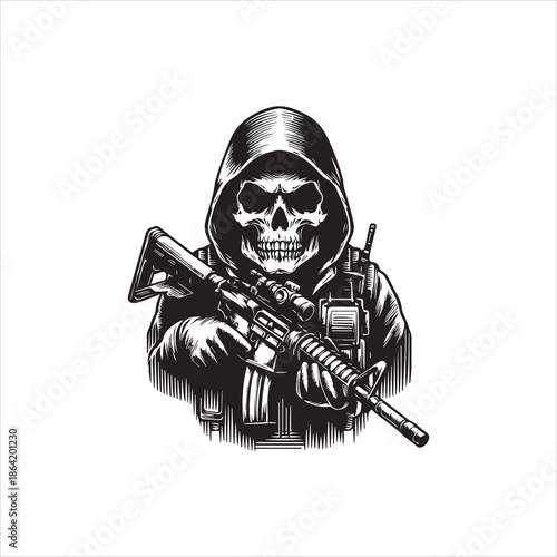 A grim reaper character holding a rifle and wearing a hood on a plain white background, a black and white vector illustration with logos and graphic design elements.
