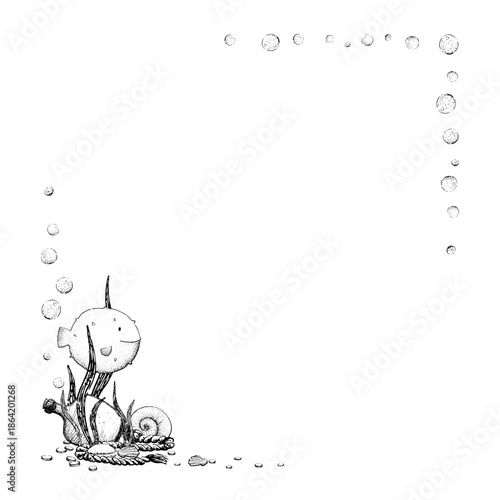A vector black and white frame template featuring bubbles, pufferfish and seaweed. Hand drawn in ink for cards and greetings. The illustration features a simple, childlike style.