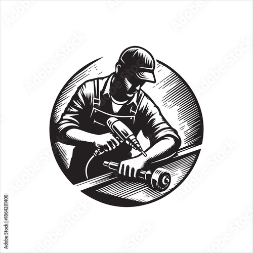 Black and white illustration of a man in a cap and overalls working with a power tool on a plank against a circular background with a monochromatic design.