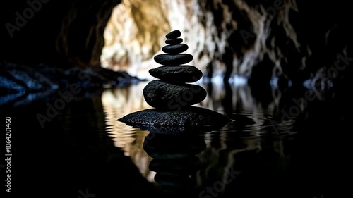 Zen stone stack balanced on calm water inside a dark cave.