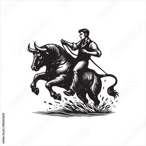A man riding a bull in a dynamic pose, with a vector illustration style and logo design elements on a white background.