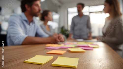 Wallpaper Mural A blurred background of professionals in a meeting with colorful sticky notes on a wooden table in the foreground Torontodigital.ca