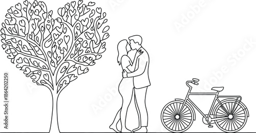 Minimalist One Line Art Drawing of Kissing Couple with Heart Tree and Bicycle for Valentine's Day Romantic Background and Greeting Card Illustration
