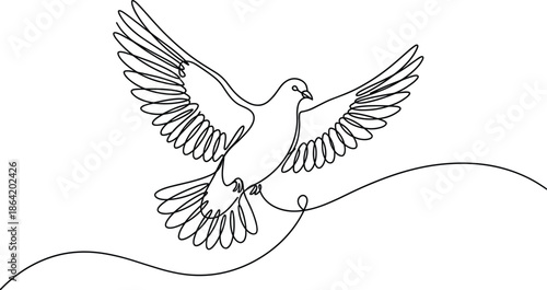 Continuous line drawing of a flying dove bird representing peace freedom and hope for minimal wall art and logo design