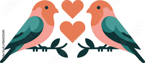 Lovebird Duo: Two charming birds, symbols of affection and harmony, perch gracefully on a delicate branch, Valentine's Day