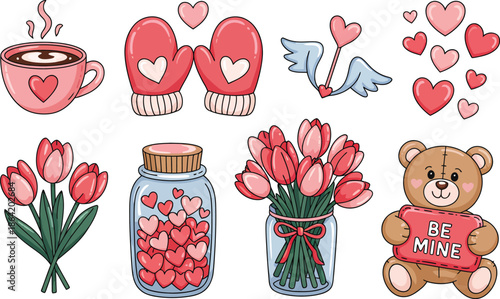 Love's Delight: A collection of charming Valentine's Day icons, featuring a warm cup of coffee, cozy mittens, a winged cupid's arrow, heart-shaped balloons, a bouquet of tulips.