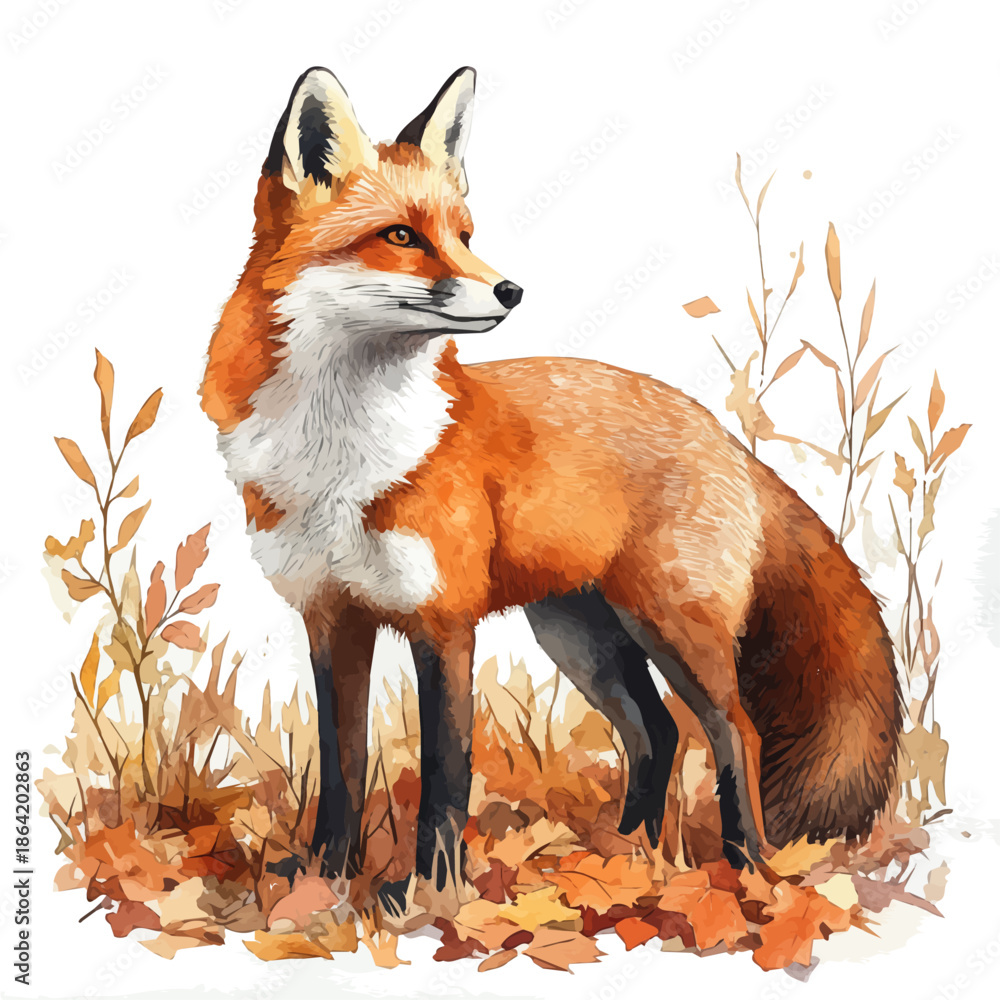 Obraz premium Fox Standing Alert, vector clipart in watercolor with smooth gradients, isolated on a white background.