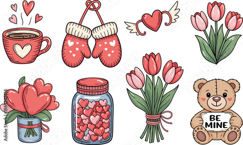 Valentine's Day Icon Set: A vibrant collection of romantic symbols, perfect for conveying warmth, affection, and love. Features coffee cup, mittens, hearts with wings, tulips, heart bouquet.