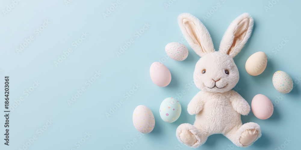 Obraz premium Cute Easter bunny toy flat lay spring background