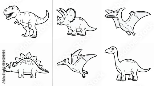 black and white line drawing of various dinosaurs on white background