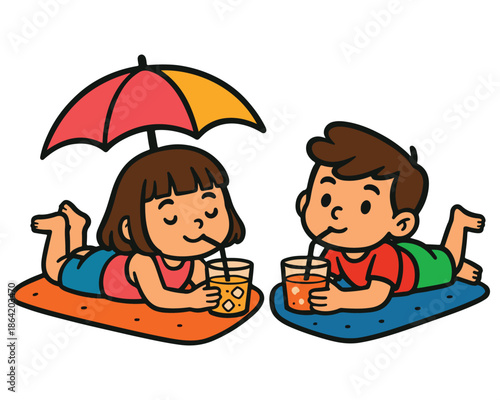 A happy cartoon illustration shows a boy and girl playing with a summer umbrella on the beach as the kids smile and enjoy family fun by the sea water