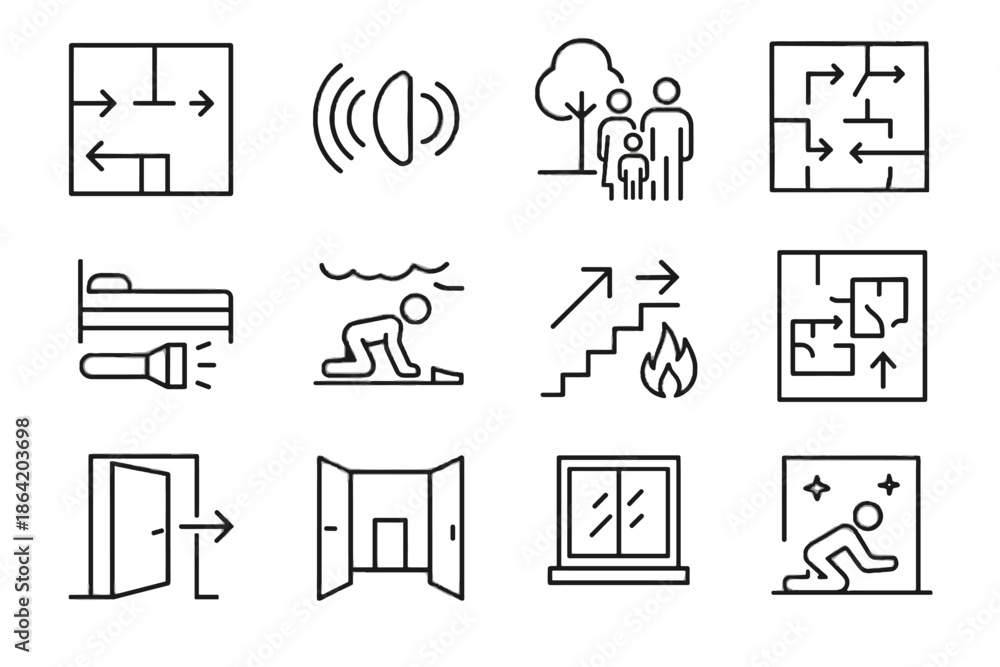 Fototapeta premium Family fire vector symbol hall icon home extinguisher lines escape vent flame