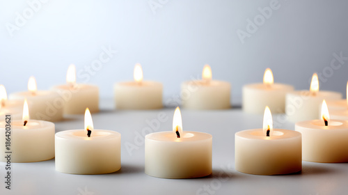 A serene arrangement of lit candles creating a calming ambiance, perfect for relaxation or meditation.