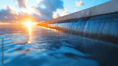 A serene sunset over tranquil waters, highlighting the beauty of nature and the peaceful flow of water against a stunning sky.