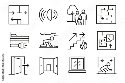 Family fire vector symbol hall icon home extinguisher lines escape vent flame