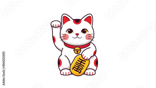 Charming Japanese Maneki Neko Cat lucky charm, flat vector illustration with a gold coin symbolizing prosperity and good fortune