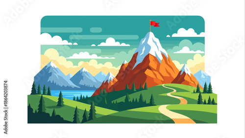 Path to Success Mountain Peak with Red Flag, Flat Vector Illustration of Business or Life Achievement, Goal Setting, and Challenge Overcoming to Reach the Top