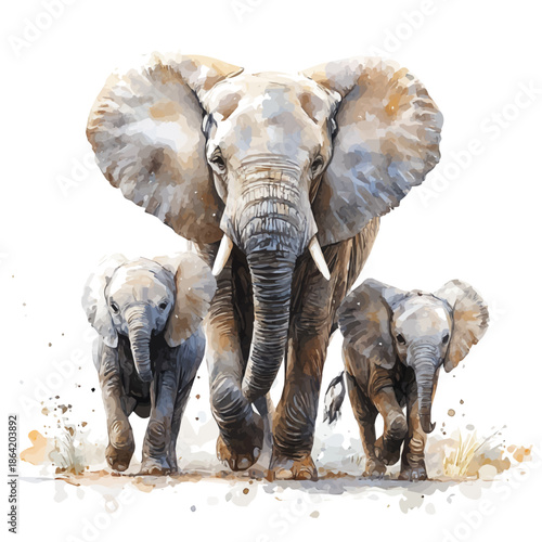Elephant Walking Slowly, clipart watercolor vector with vivid accents and harmonious tones, isolated on a white background.