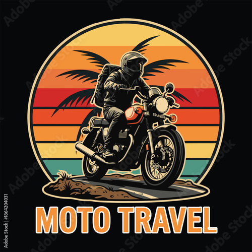 Classic motorcycle rider on a sunset road trip. Vector art with 