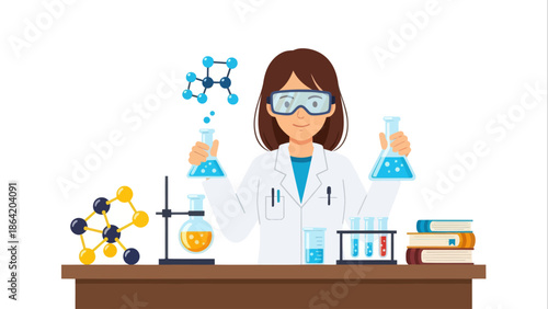 Female scientist in lab coat and goggles, holding beakers, performing experiments in a chemistry lab, a captivating flat vector illustration