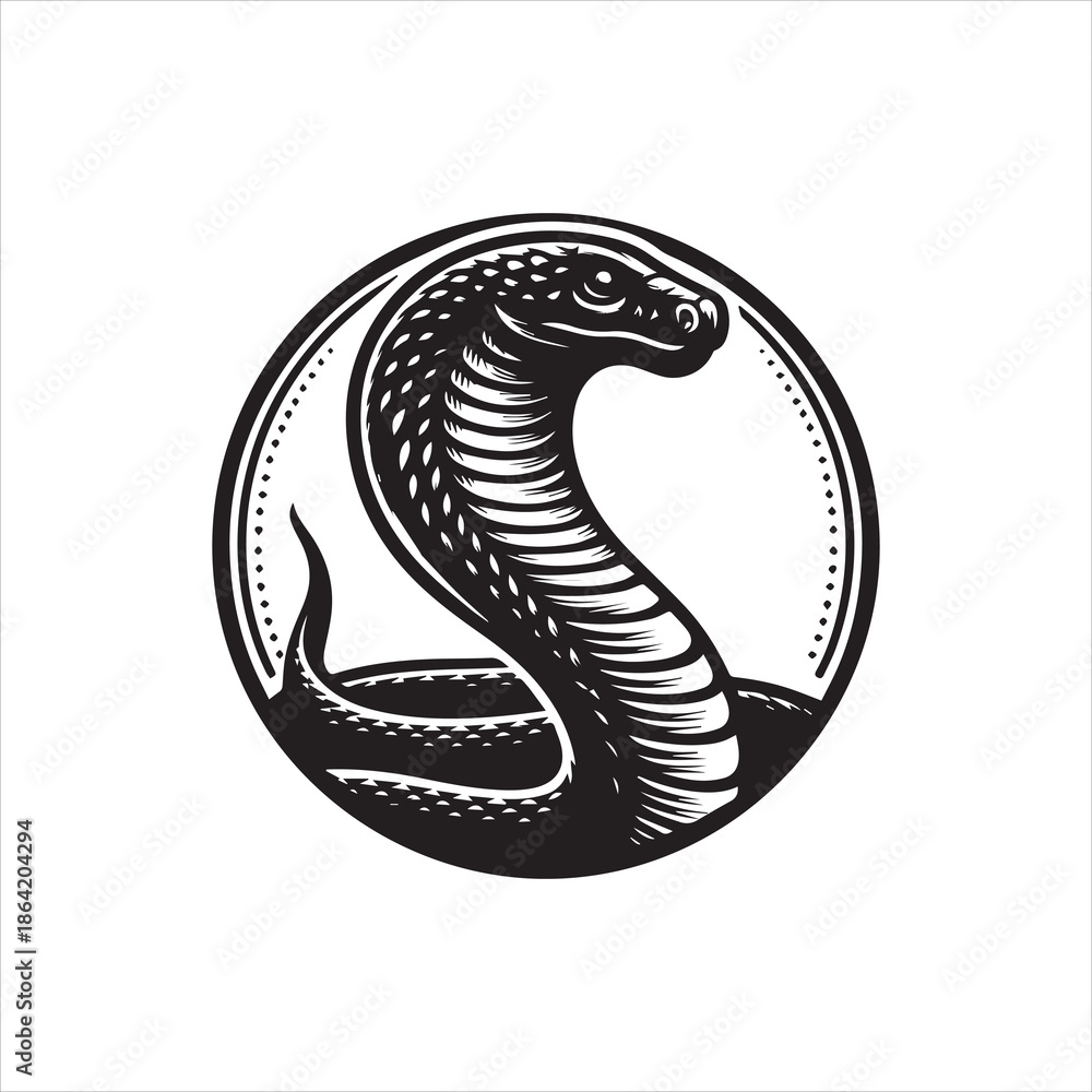 Fototapeta premium A black and white vector illustration of a snake coiled in a circular logo design with a dotted border on a plain background.