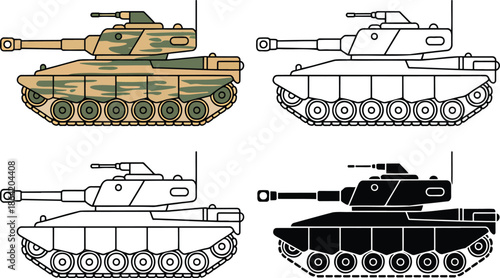 Military Tank silhouette & Outline and illustration set isolated on transparent background