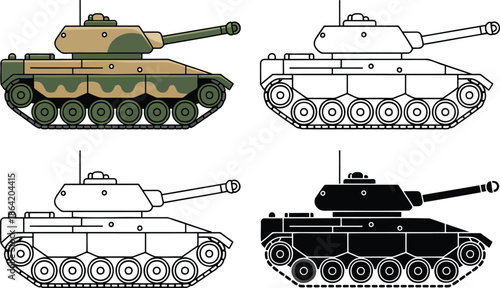 Military Tank silhouette & Outline and illustration set isolated on transparent background