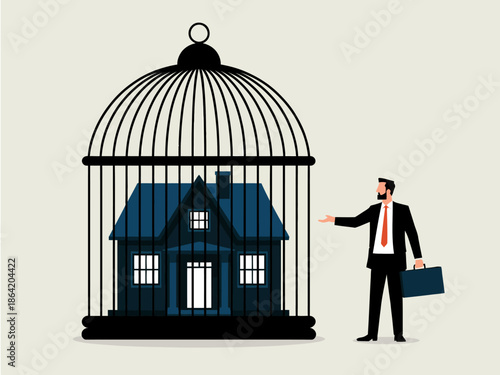 A businessman stands beside a cage containing a house, symbolizing the constraints of the housing market and the challenges individuals face when pursuing home ownership.