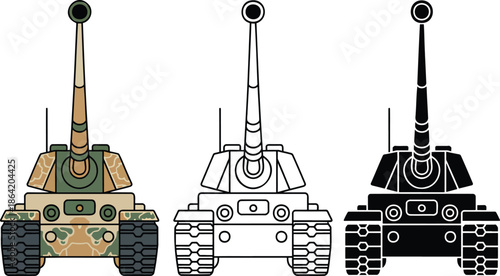 Military Tank silhouette & Outline and illustration set isolated on transparent background