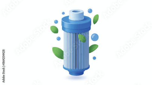 blue and white water filter with green leaves and blue bubbles around it