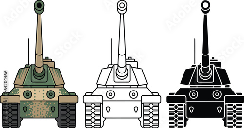 Military Tank silhouette & Outline and illustration set isolated on transparent background