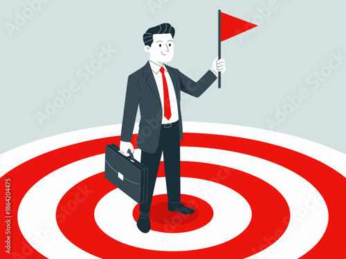 An inspiring illustration of a businessman confidently holding a red flag on a target, symbolizing the achievement of success, ambition, strategy, and goal orientation in the business world.