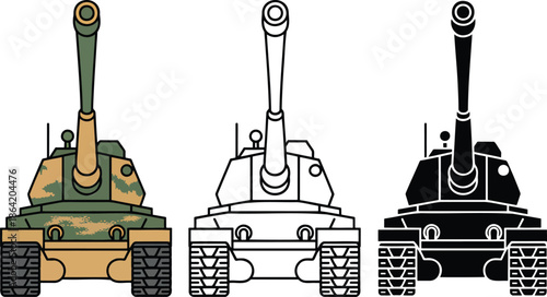 Military Tank silhouette & Outline and illustration set isolated on transparent background
