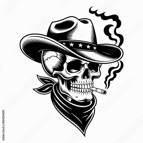 This striking monochrome illustration features a skull adorned with a cowboy hat and smoking a cigar, symbolizing a rebellious and adventurous spirit in a creative style.