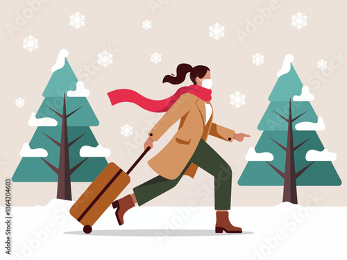 This charming illustration depicts a woman in winter attire, eagerly pulling her suitcase through a snowy landscape, symbolizing adventure, determination, and the thrill of travel.