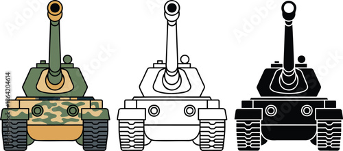 Military Tank silhouette & Outline and illustration set isolated on transparent background