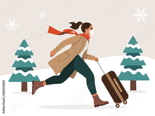 This lively illustration captures a woman in winter gear running with her suitcase, showcasing urgency and thrill as she embarks on her journey in a picturesque snowy setting.