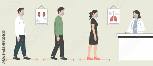 This clean illustration shows patients wearing masks while waiting in line at a healthcare clinic, emphasizing the importance of safety measures during health checks.