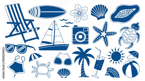 Blue beach summer vacation icons set with travel and leisure objects on white background