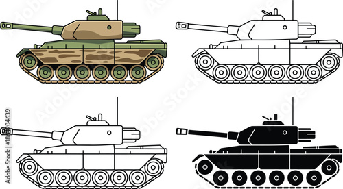 Military Tank silhouette & Outline and illustration set isolated on transparent background