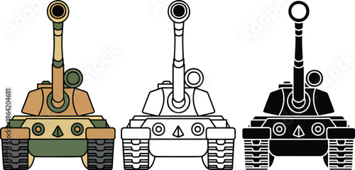 Military Tank silhouette & Outline and illustration set isolated on transparent background