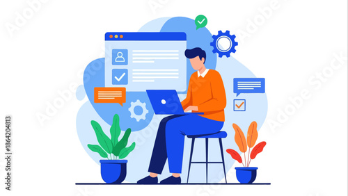 Efficient man using laptop for online task management and digital services, a modern flat vector illustration ideal for business workflow and productivity