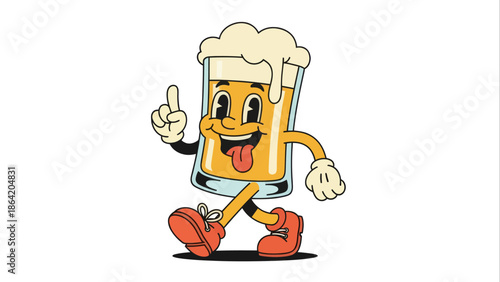 Retro Cartoon Beer Glass Character Walking With Tongue Out Flat Vector Illustration