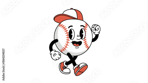 Energetic and cheerful baseball character cartoon walking with a happy expression, a charming flat vector illustration representing a playful sports concept