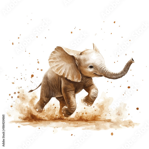 Elephant Calf Playing Joyfully, clipart watercolor vector with vivid accents and harmonious tones, isolated on a white background.